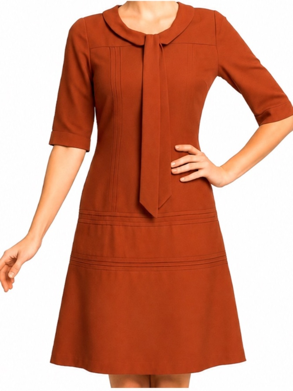Shabby Apple Rust Orange Retro Fit Flare Bow Neck Dress Size 0 2